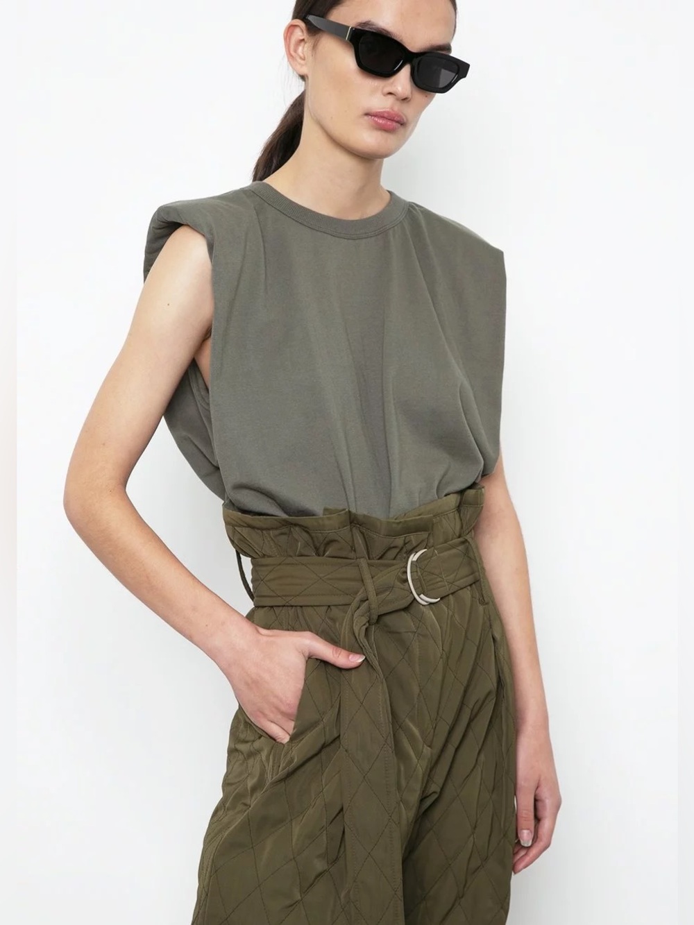 The Frankie Shop Eva Padded Shoulder Muscle T-Shirt Green XS